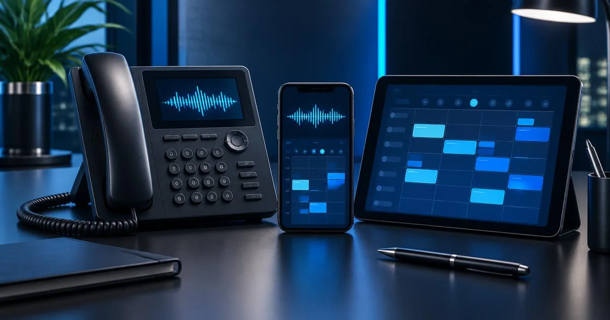 Illustration of an office phone and appointment calendar on a tablet