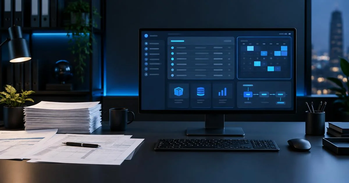 Illustration of paper forms beside a digital workflow on a desktop monitor
