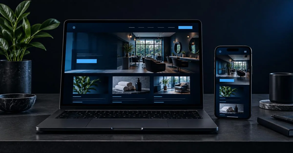 Illustration of a business website displayed on a laptop and phone